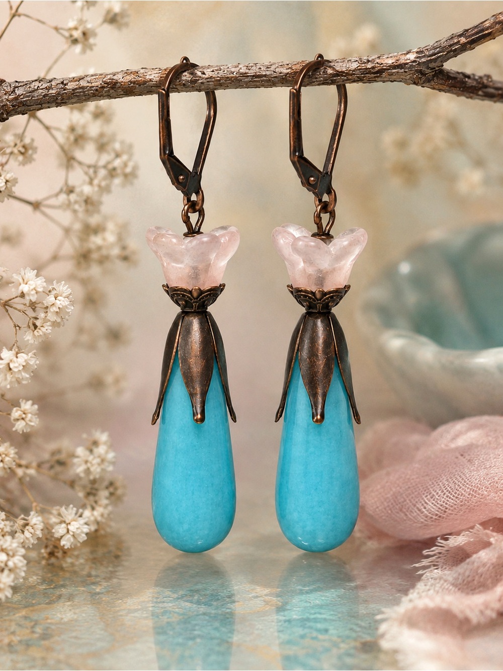 Artisan Turquoise Floral Statement Earrings, Antique Copper Pink Flower Dangles - Picture 4 of 7